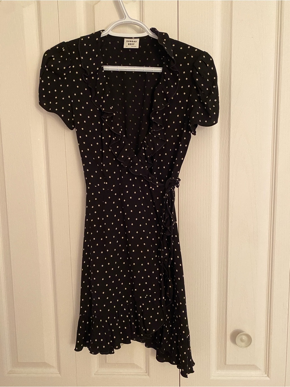 Sunday Best Aritzia Black Polka Dot Ruffle Wrap Mini Dress